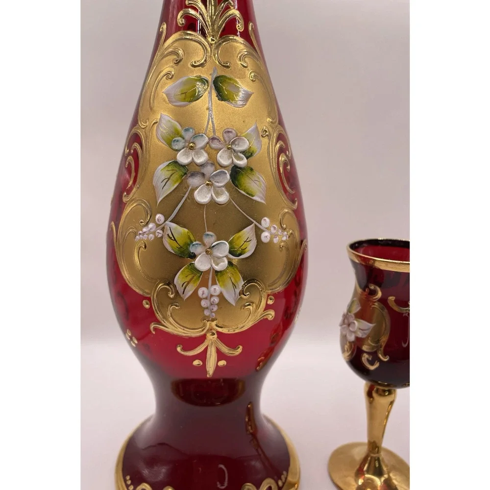 Vintage RED Tre Fuochi Murano Venetian Glass Aperitif Set gold Plated Italy